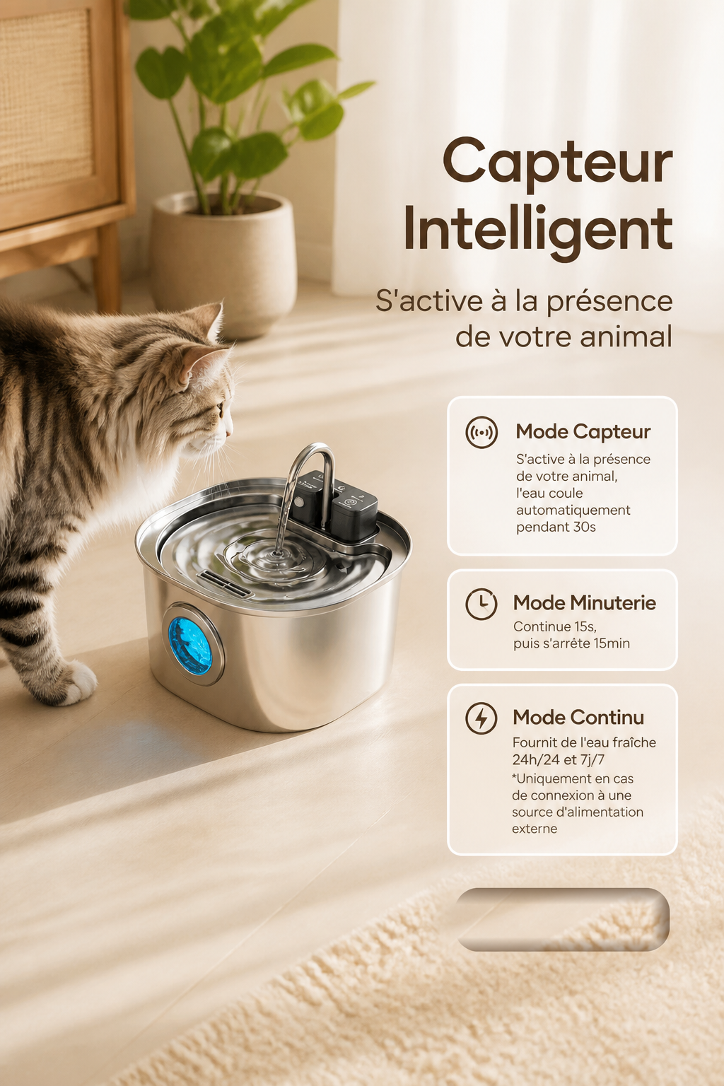 Fontaine à Eau Intelligente 3L pour Chat & Chien — Sans Fil, Capteur de Mouvement