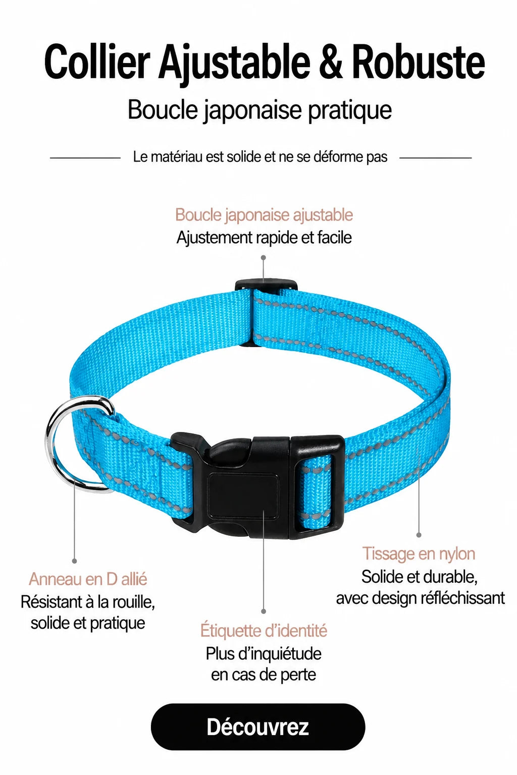 Collier ajustable et robuste pour chien, du XS au XL