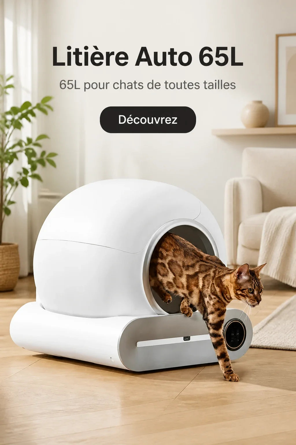 Bac à litière automatique 65 litres pour chat de toutes tailles