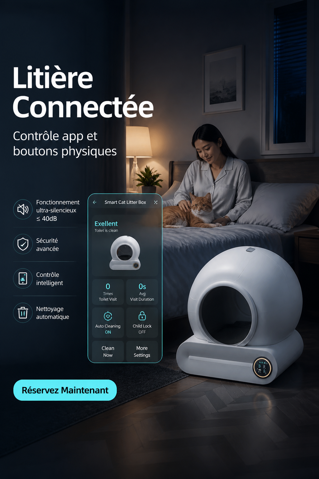 Litière connectée pilotable via application smartphone WiFi