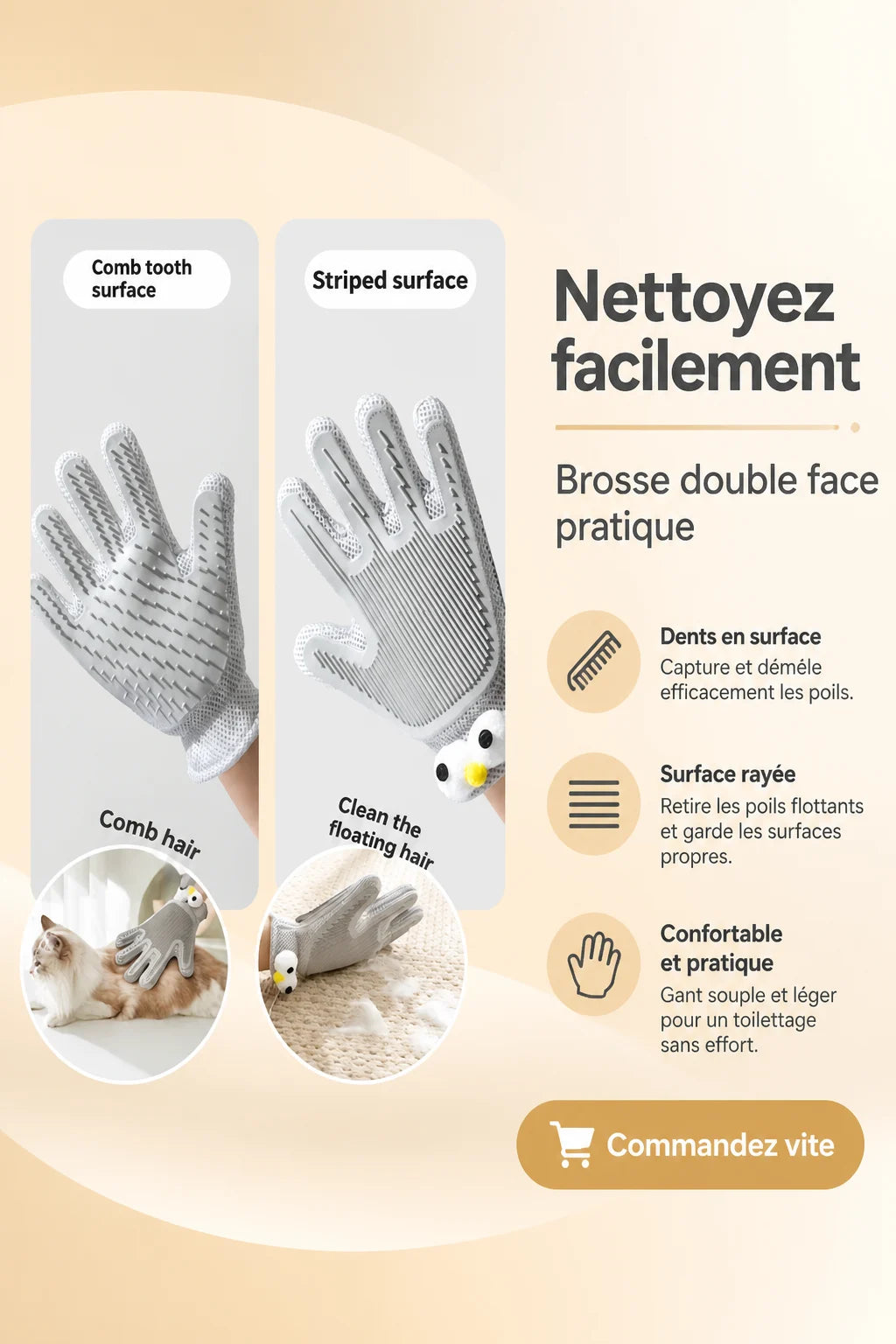 Gants de Toilettage 2-en-1 pour Chat & Chien — Massage Anti-Poils