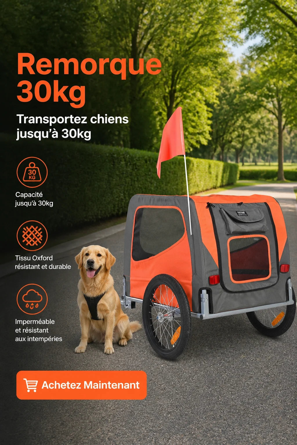 Remorque Vélo pour Chien Jusqu'à 30kg — Transport Sécurisé & Confortable