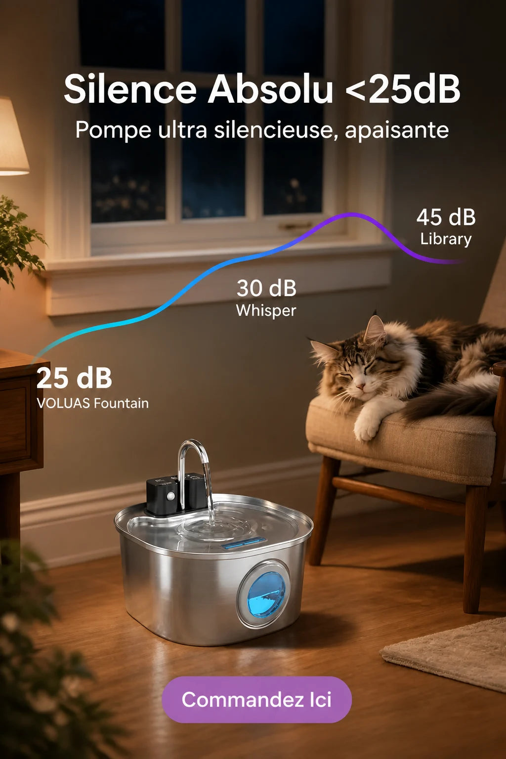 Fontaine à eau silencieuse moins de 25dB pour chat et chien