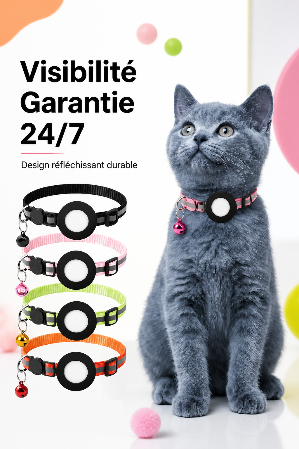 Collier Chat Anti-Perte — Compatible AirTag, Réfléchissant avec Grelot