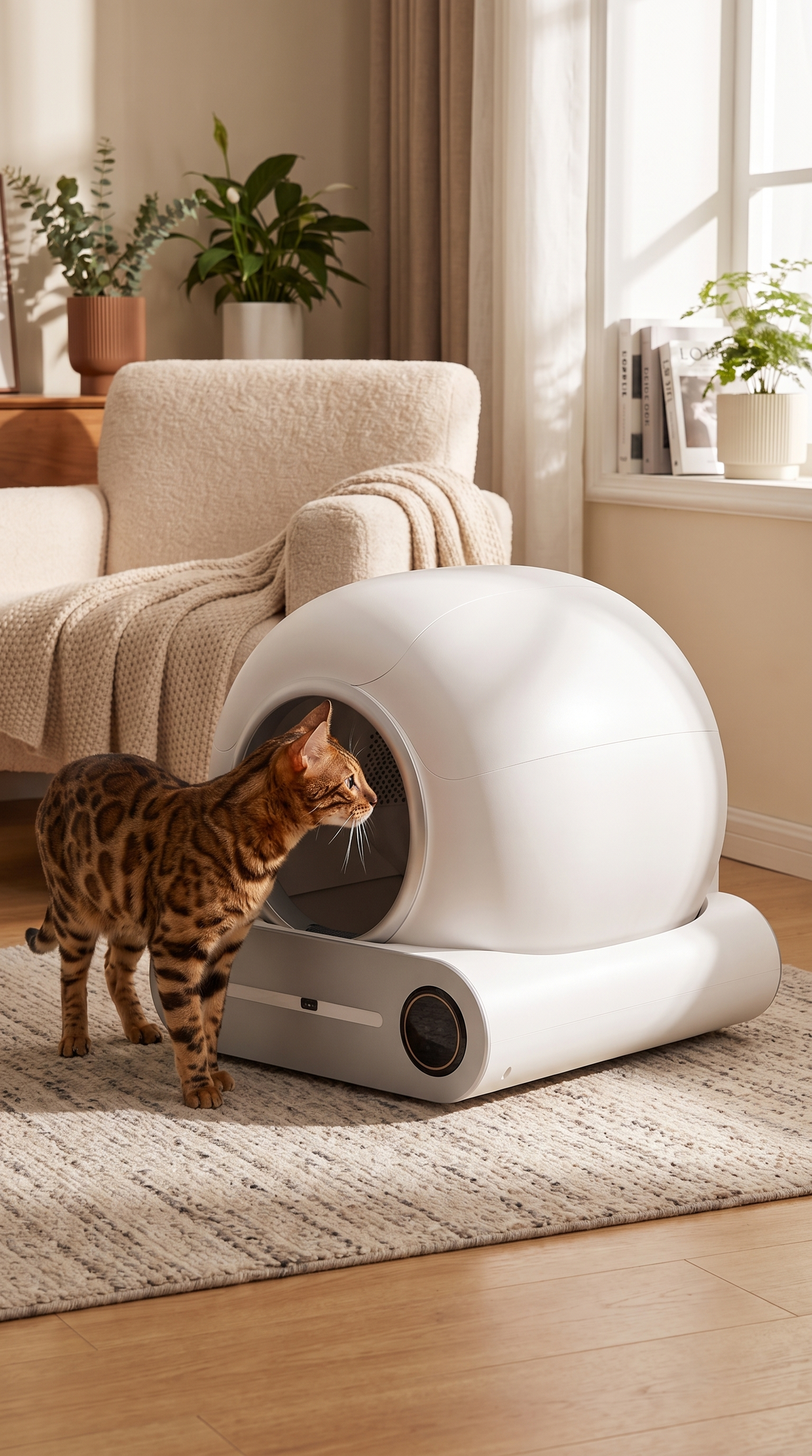 Chat curieux à côté du bac à litière intelligent automatique connecté WiFi